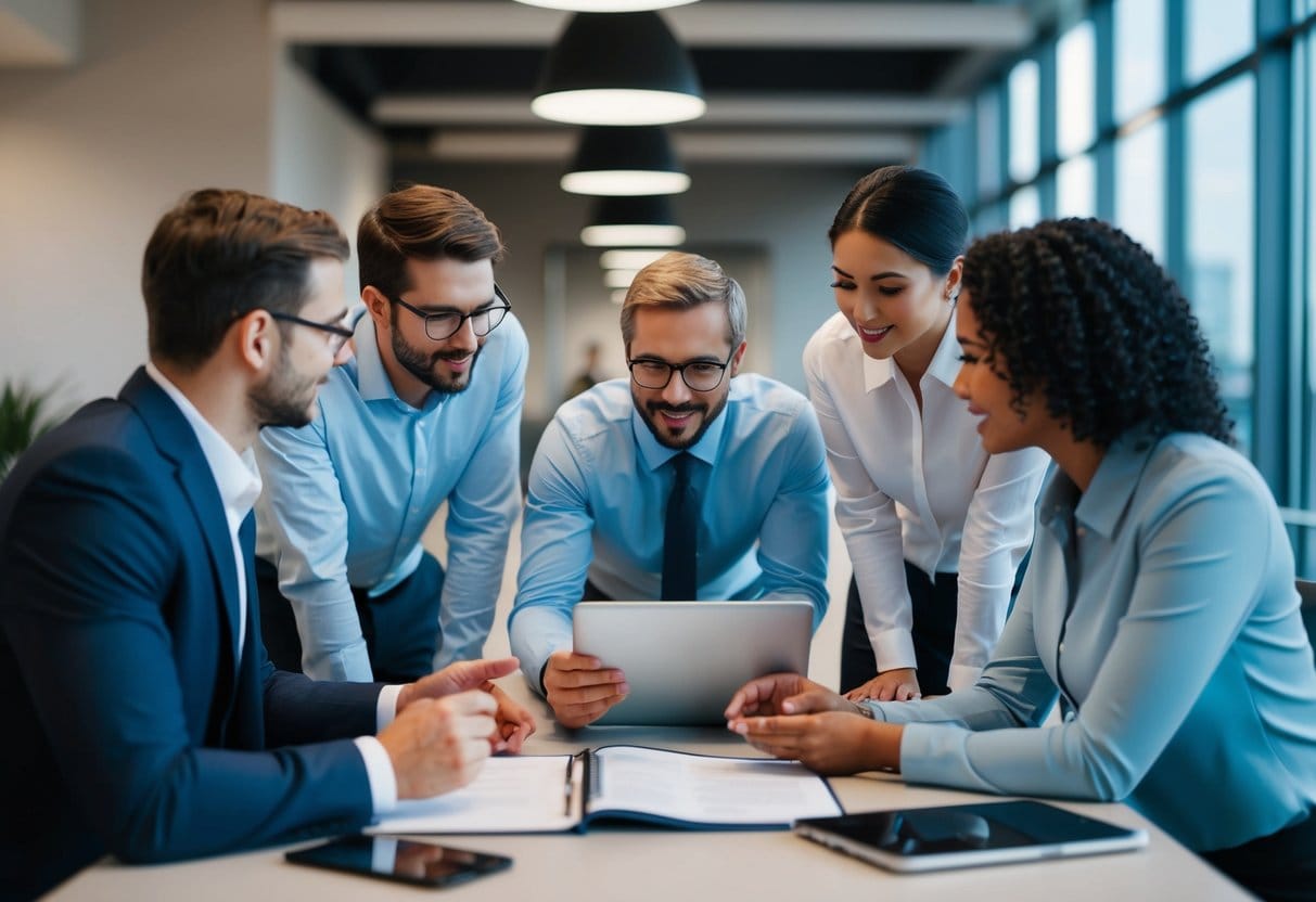 En gruppe mennesker i Ringsted vælger omhyggeligt en totalenterprise diskuterer og sammenligner muligheder i et moderne kontormiljø